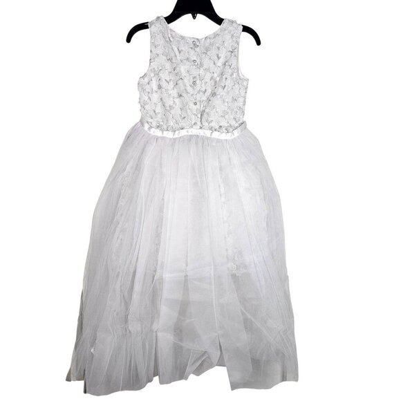 Badgley Mischka Girls White Floral Lace Tulle Dress W/ Satin Bow 2Pc Set Size 8 - Picture 2 of 14